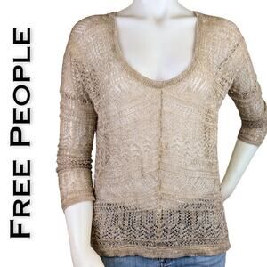 Free People Taupe Sheer Open Knit Oversized Sweater High Deep V-Neck Size XS